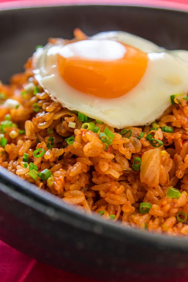 Easy kimchi fried rice recipe with a sunny side up egg on top.